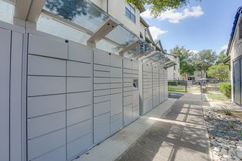 Package locker system with covered walkway